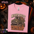 Night Shift Pumpkin Delivery Halloween Shirt, Skeleton Truck Driver Tee, Spooky Trucker Gift, Vintage Fall Pickup Truck Halloween T-Shirt