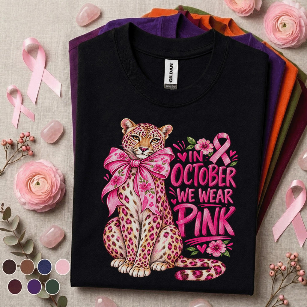 Breast Cancer Awareness Shirt, In October We Wear Pink Tee, Pink Ribbon Leopard Shirt, Pink Out Breast Cancer Support Gift for Women