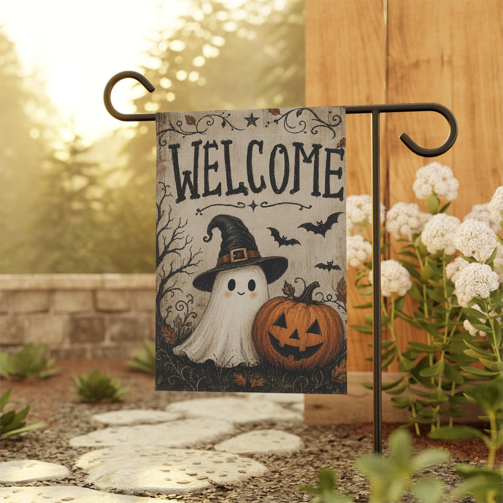 Ghost Witch Halloween Garden Flag, Welcome Pumpkin Yard Decor, Cute Spooky Witch Hat Ghost, Vintage Halloween Outdoor Porch Decoration