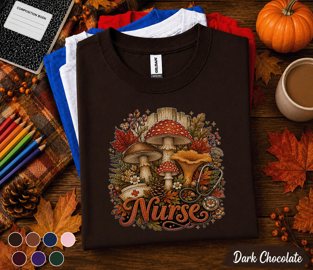 Fall Nurse Shirt, Autumn Mushroom Nurse Tee, Cute RN Fall Shirt, Cozy Nurse Gift, Medical Shirt, Pumpkin Season Nurse Tee, Nurse Gift
