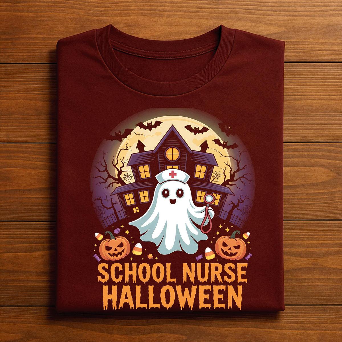 School Nurse Halloween Shirt Cute Ghost Haunted House Pumpkins Bats Spooky Medical Costume Tee For Nurses Teachers Halloween Party Outfit