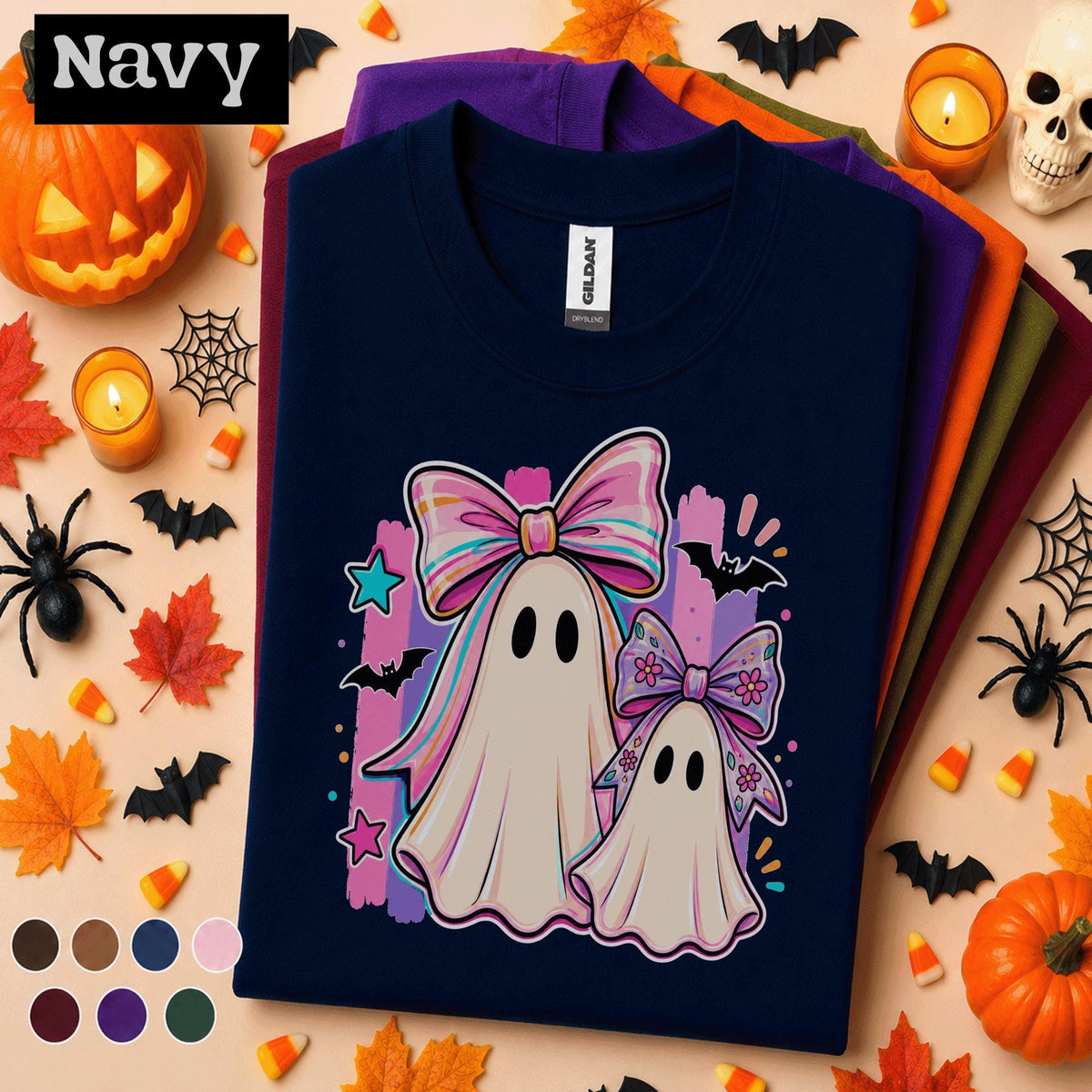 Cute Ghost Halloween Shirt, Coquette Bow Ghost Tee, Pink Spooky Season T Shirt, Kawaii Matching Ghosts, Girly Halloween Gift for Women