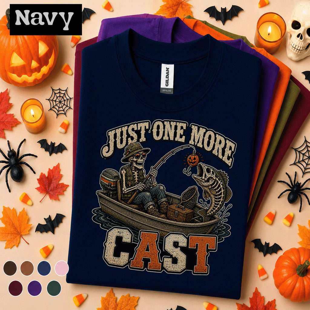 Just One More Cast Halloween Fishing Shirt, Skeleton Fisherman Tee, Spooky Angler Gift, Pumpkin Lure Fishing Tee, Funny Fall Fishing Shirt