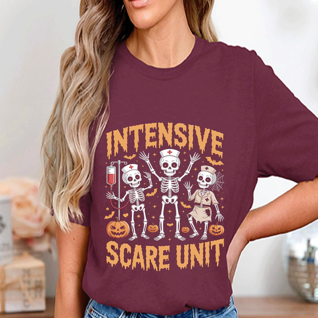 Intensive Scare Unit Shirt Funny Skeleton Nurse Halloween Tee With Pumpkins Perfect Spooky Medical Costume Outfit, Halloween ICU Staff