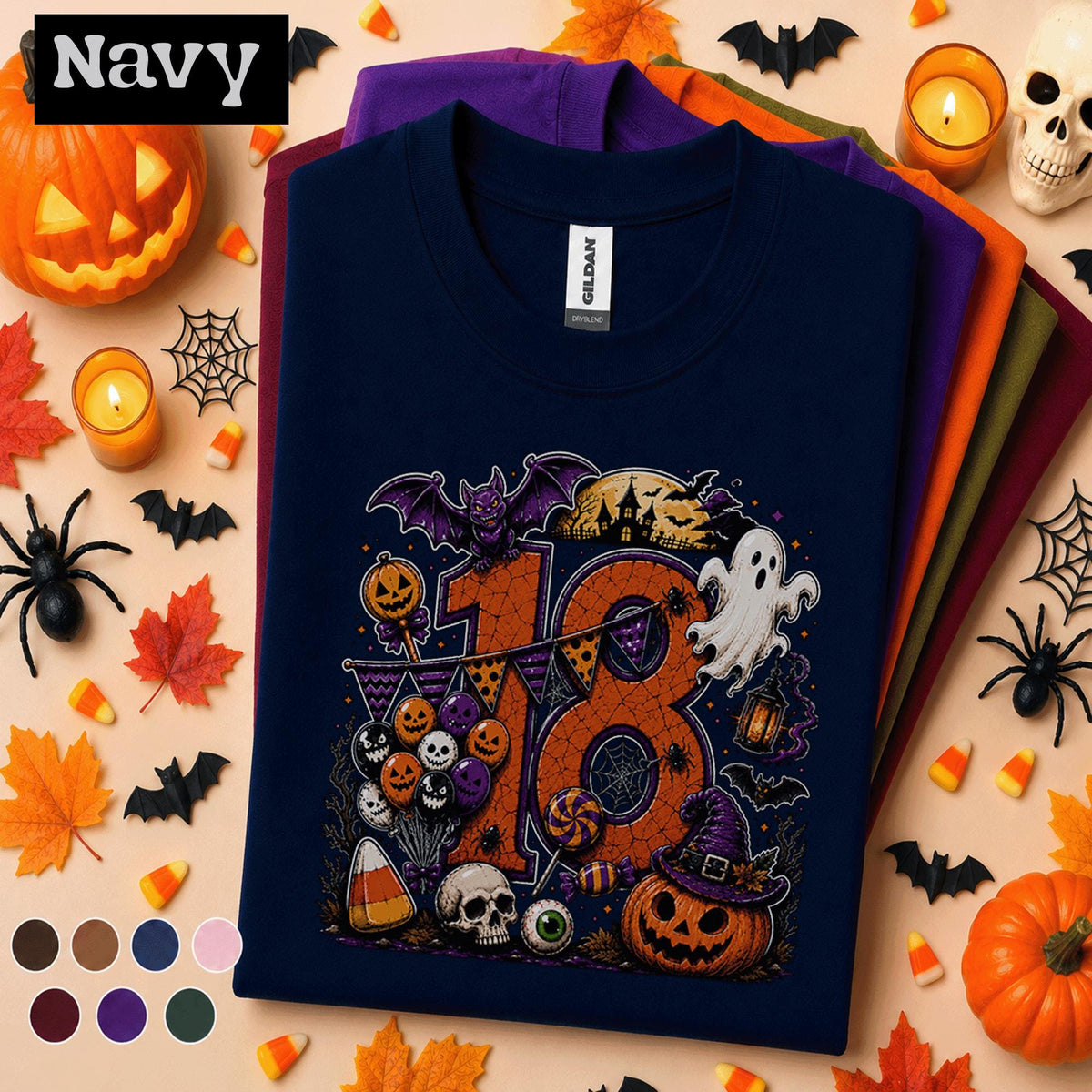 18th Birthday Halloween Shirt, Spooky Number 18 Tee, October Birthday Party Shirt, Ghost Pumpkin Witch Halloween Gift for Teen Girls Boys