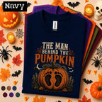 The Man Behind The Pumpkin Halloween Shirt, Funny Dad Halloween Tee, Pregnancy Reveal Shirt, New Dad Pumpkin Fall Announcement Gift Tee