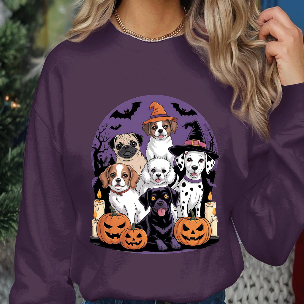 Cute Halloween Dog Shirt With Pumpkins And Witch Hats, Funny Puppy Group Graphic Tee, Spooky Pet Lover Halloween Costume Sweatshirt Gift