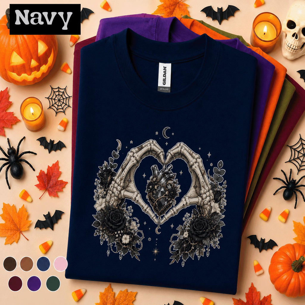 Gothic Skeleton Hands Halloween Shirt, Dark Floral Heart Tee, Black Rose Spooky Shirt, Witchy Goth Gift, Celestial Halloween Tee