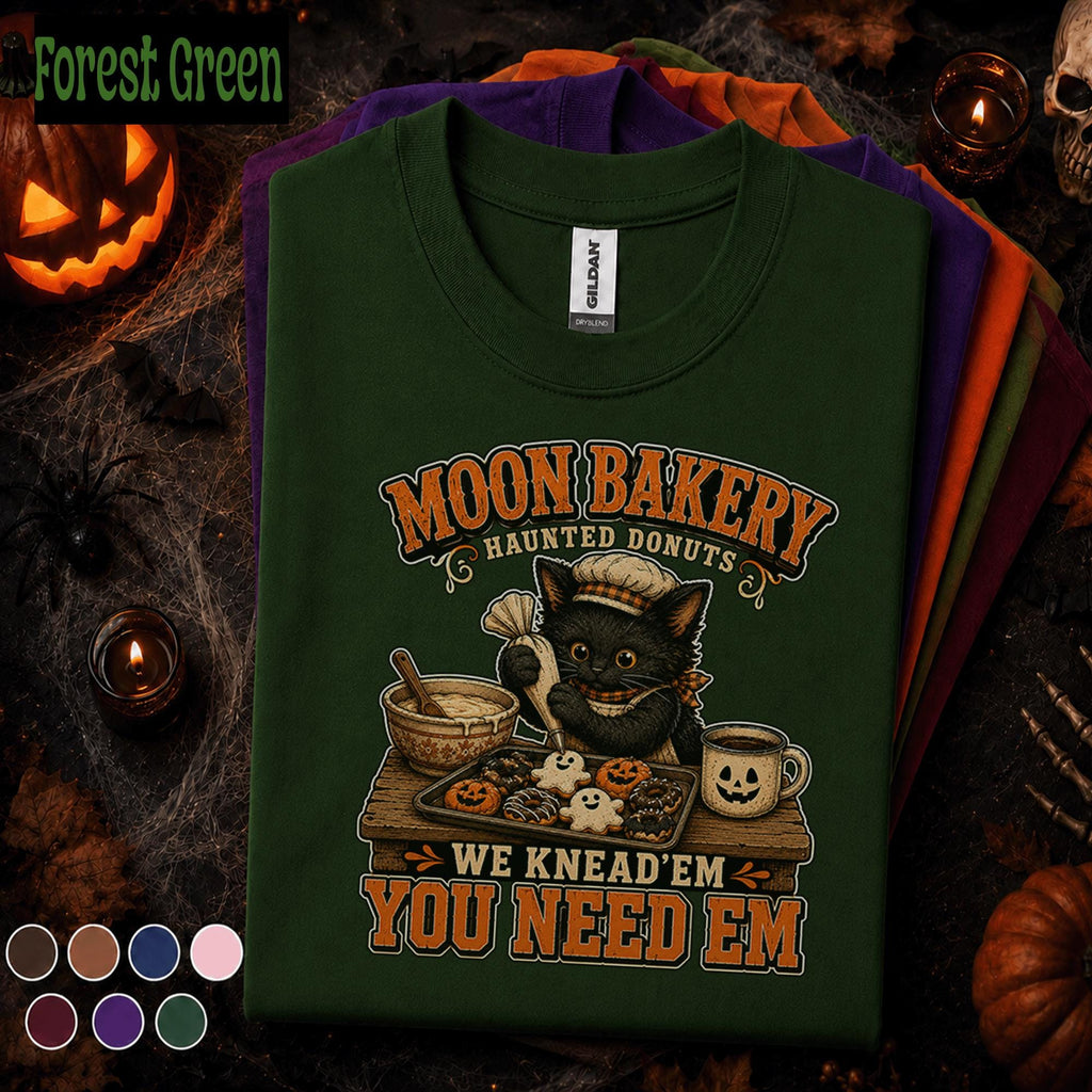 Black Cat Halloween Shirt, Moon Bakery Haunted Donuts Tee, Funny Baking Cat T Shirt, Spooky Baker Gift, Cute Fall Coffee Pumpkin Top
