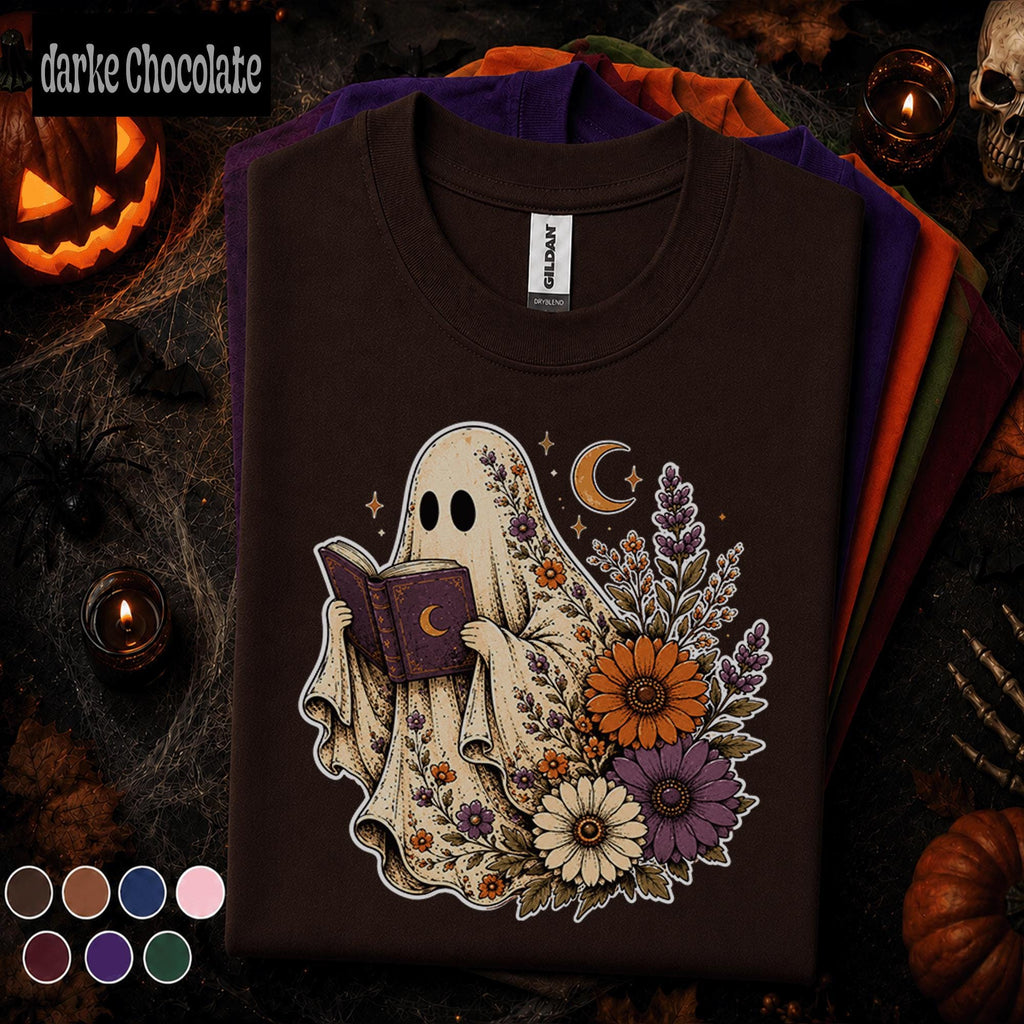 Floral Ghost Halloween Shirt, Book Lover Ghost T Shirt, Spooky Season Tee, Cottagecore Floral, Cute Reader Halloween Gift Tee