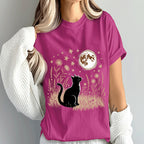 Black Cat Gazing at Full Moon Shirt, Mystical Spooky Cat with Flowers Tee, Cat Lover Halloween Costume Top, Black Cat Shirt, Cat Sweatshirt