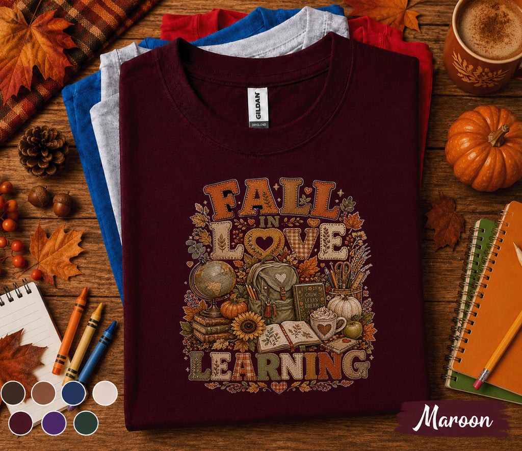 Fall in Love with Learning Shirt, Autumn Teacher Pumpkin Tee, Cozy Classroom T-Shirt, Back to School Teacher, Thanksgiving Educator Outfit