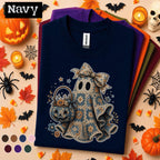 Crochet Ghost Halloween Shirt, Granny Square Ghost Tee, Cute Floral Pumpkin T Shirt, Cottagecore Spooky Season Gift for Women Girls