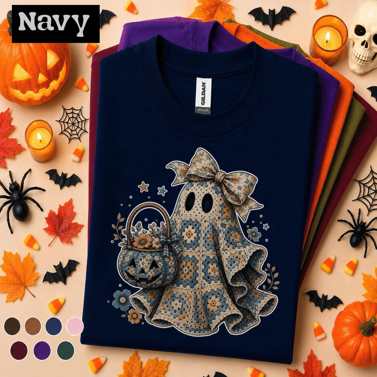 Crochet Ghost Halloween Shirt, Granny Square Ghost Tee, Cute Floral Pumpkin T Shirt, Cottagecore Spooky Season Gift for Women Girls