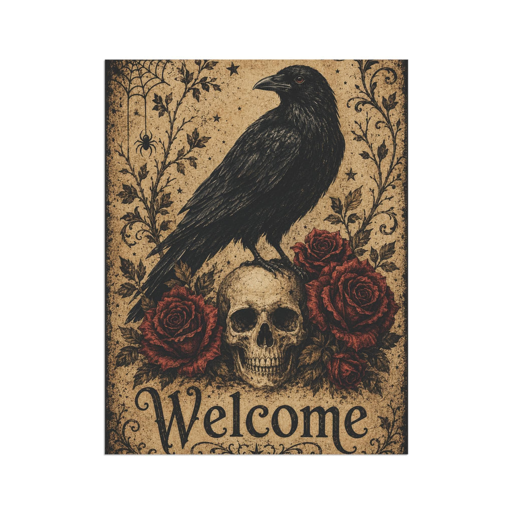 Halloween Garden Flag, Gothic Raven Skull Decor, Red Rose Yard Flag, Spooky Welcome Sign, Vintage Halloween Porch Outdoor Decoration