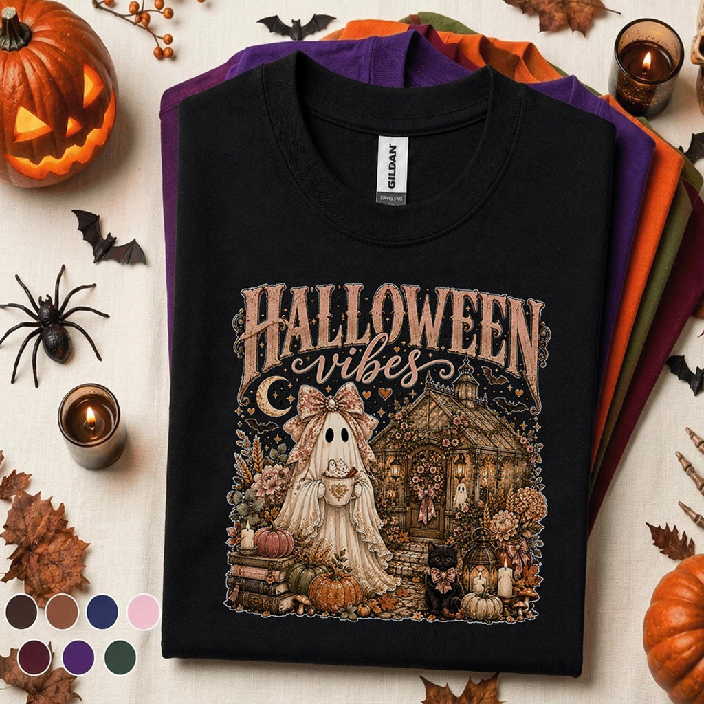 Halloween Vibes Ghost Shirt, Cozy Spooky Season Tee