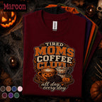 Tired Moms Coffee Club Halloween Shirt, Spooky Coffee Mom Tee, Pumpkin Latte Graphic Shirt, Cozy Fall Mom Gift, Halloween Coffee Lover Tee