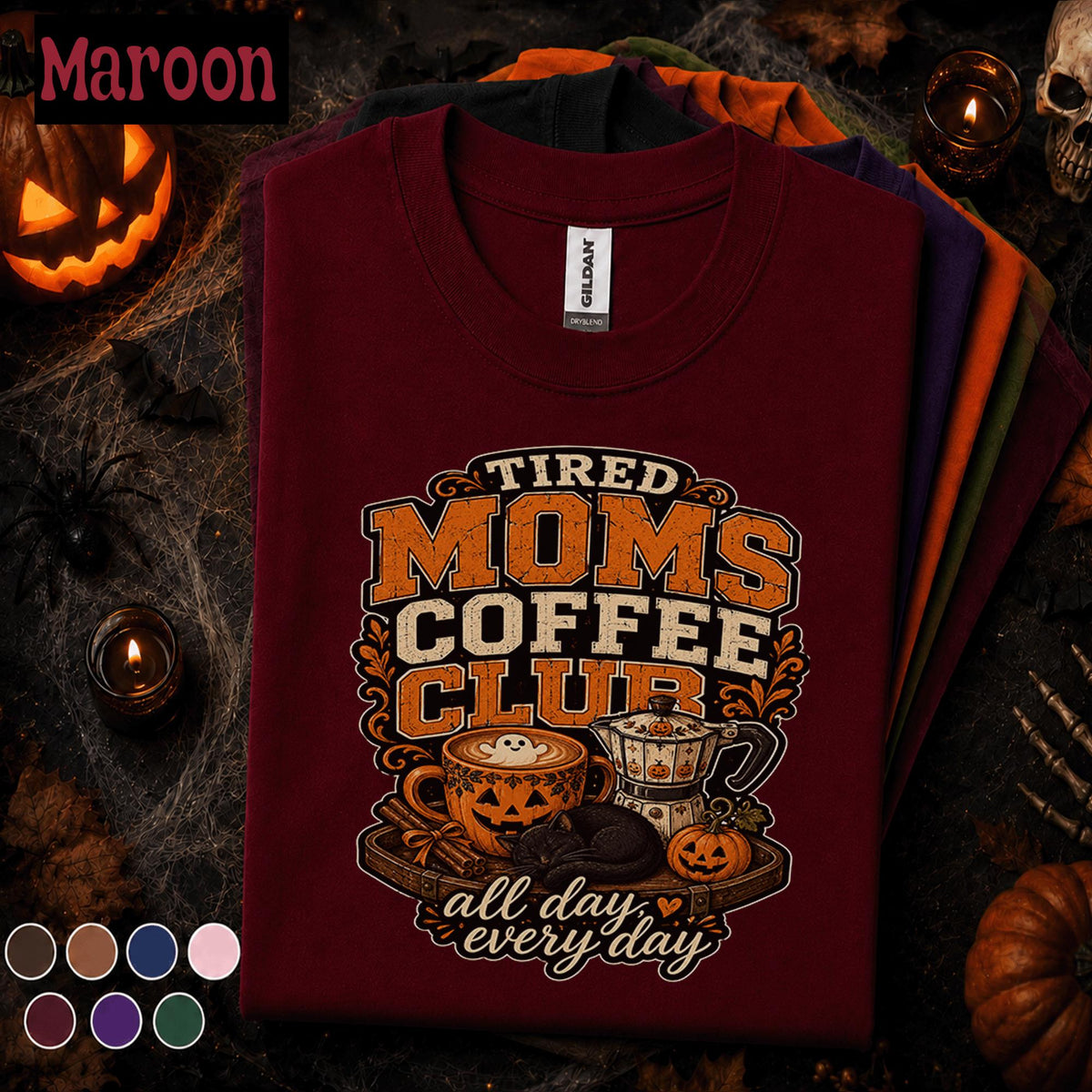 Tired Moms Coffee Club Halloween Shirt, Spooky Coffee Mom Tee, Pumpkin Latte Graphic Shirt, Cozy Fall Mom Gift, Halloween Coffee Lover Tee