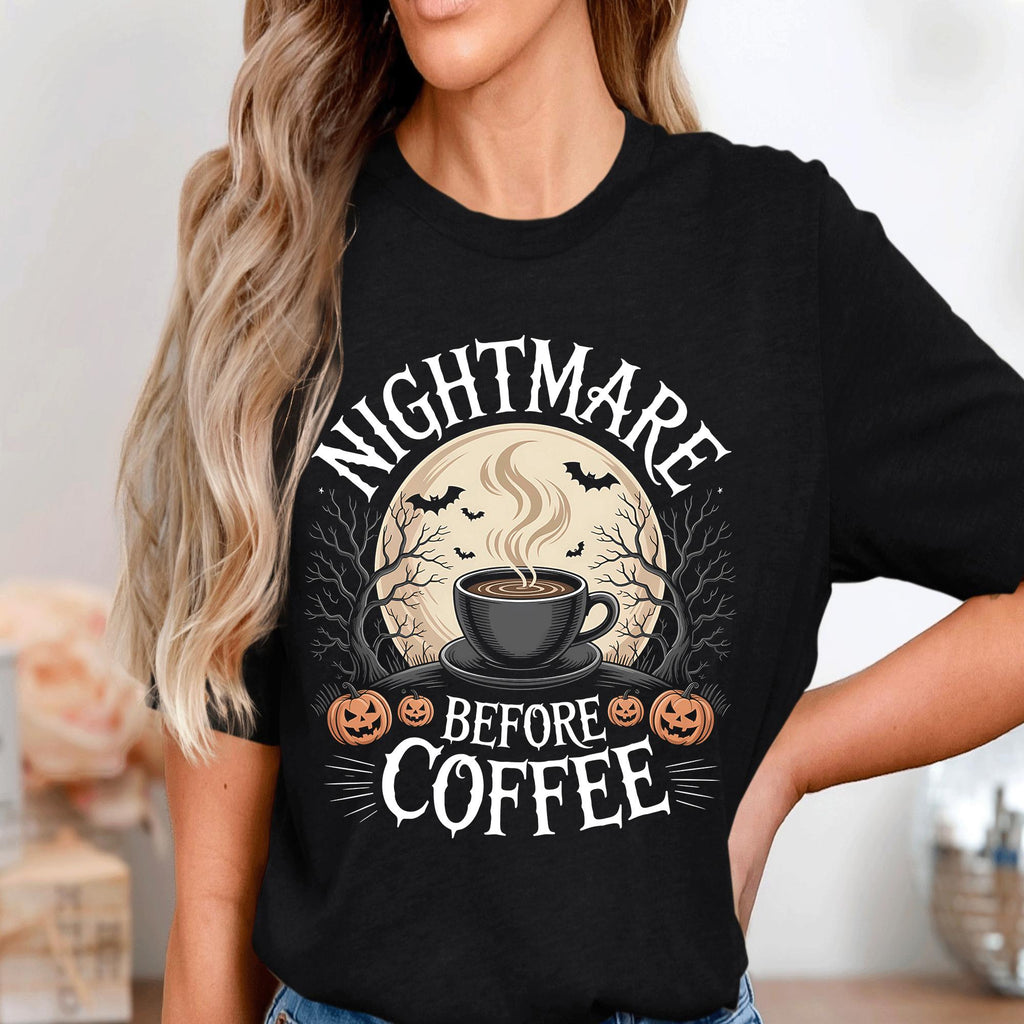 Nightmare Before Coffee Shirt Funny Halloween Coffee Lover Tee With Pumpkins Bats Moon And Spooky Cup Design For Morning Espresso Addicts