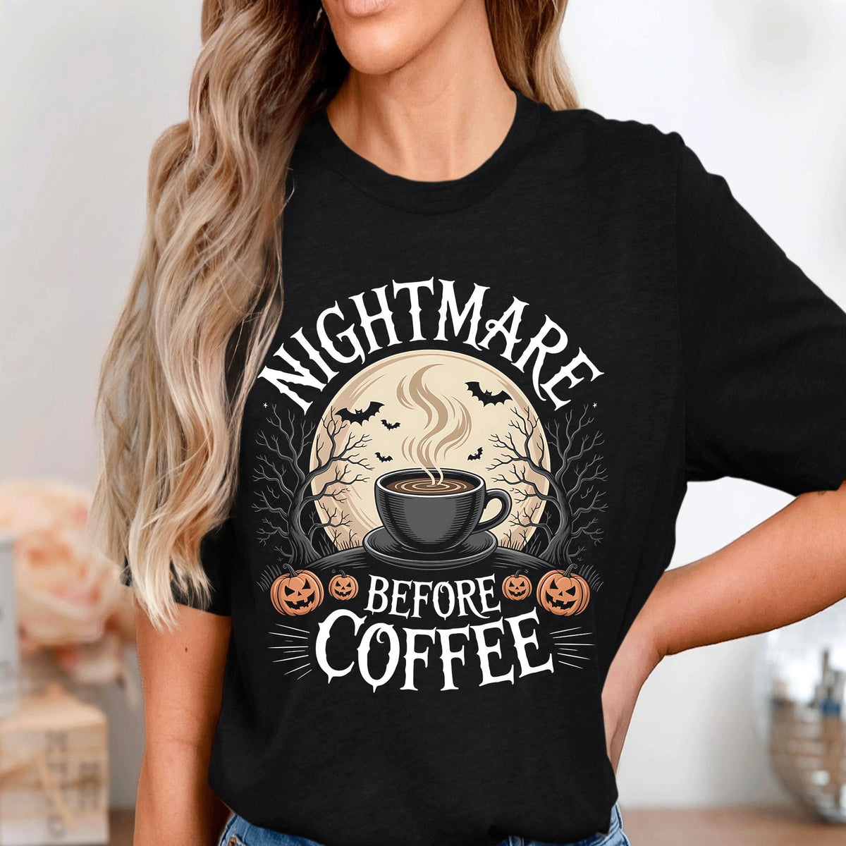 Nightmare Before Coffee Shirt Funny Halloween Coffee Lover Tee With Pumpkins Bats Moon And Spooky Cup Design For Morning Espresso Addicts
