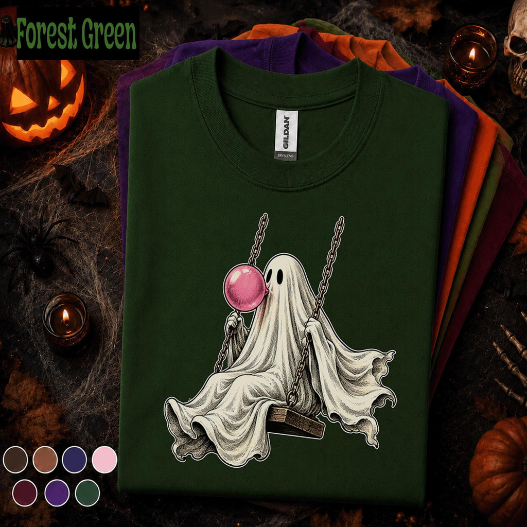 Bubblegum Ghost Halloween Shirt, Cute Ghost on Swing Tee, Pink Spooky Season T Shirt, Retro Halloween Tee, Whimsical Ghost Gift