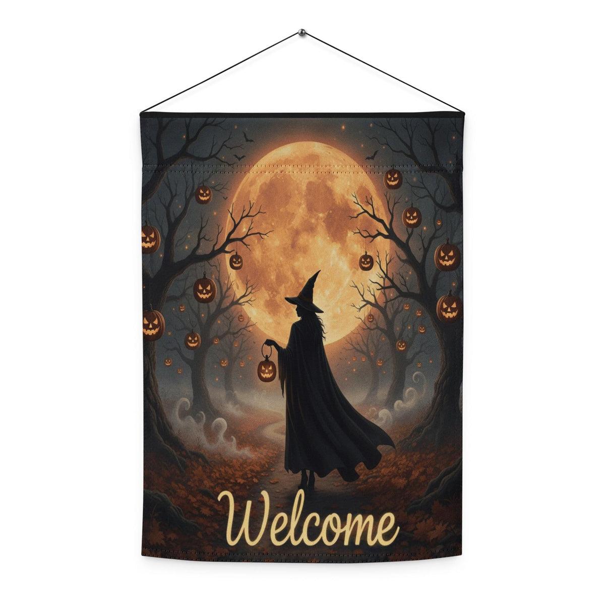 Witch Halloween Garden Flag with Pumpkin Lantern and Blood Moon, Spooky Welcome Yard Decor, Gothic Fall Outdoor Sign for Haunted House Vibes