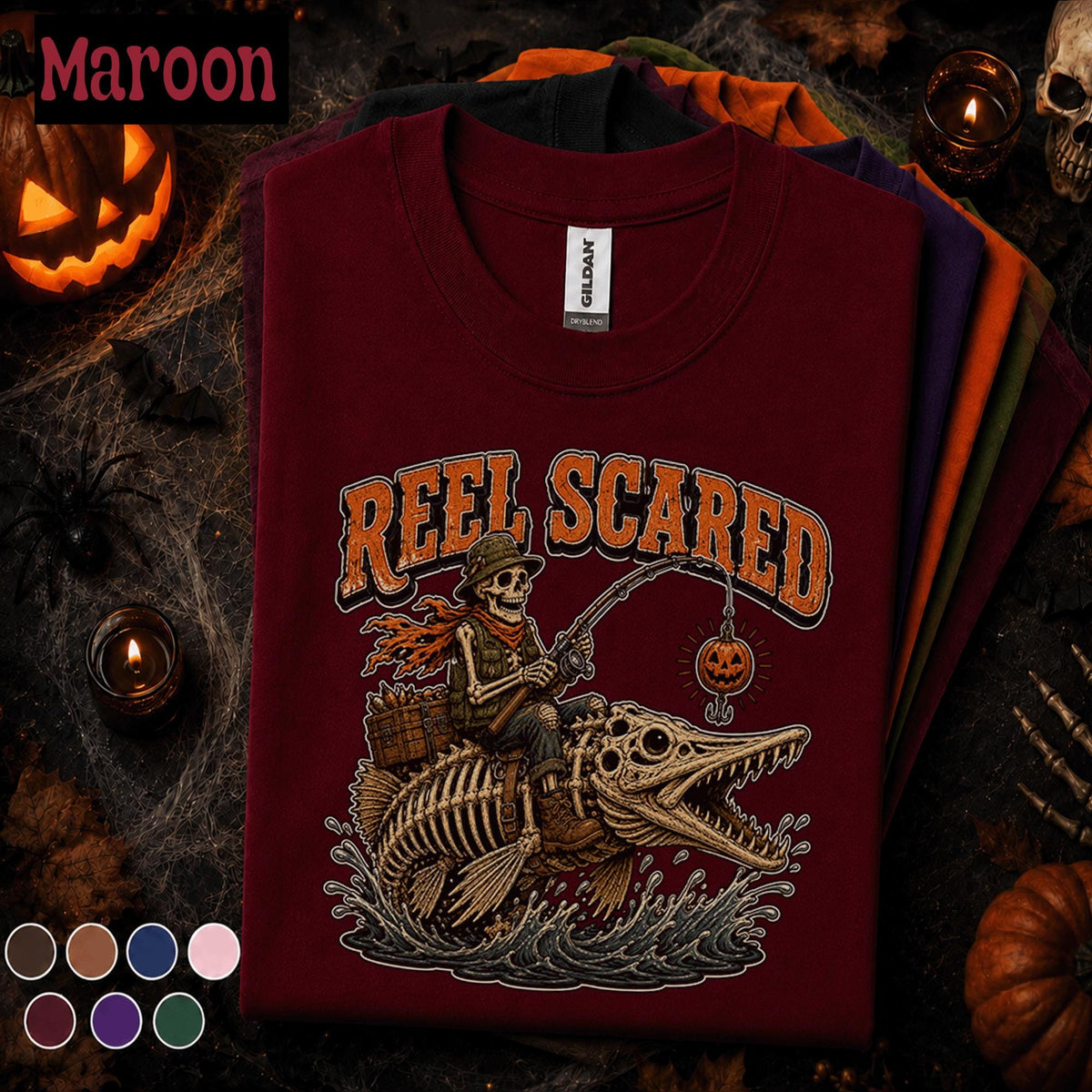 Reel Scared Halloween Fishing Shirt, Skeleton Fisherman Tee, Spooky Angler Gift, Pumpkin Fishing Lure Shirt, Funny Fishing Fall Tee