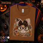 Halloween Cat Shirt, Cute Witchy Cat T Shirt, Pumpkin Bow Spooky Season Tee, Cat Mom Fall Shirt, Coquette Halloween Gift Tee