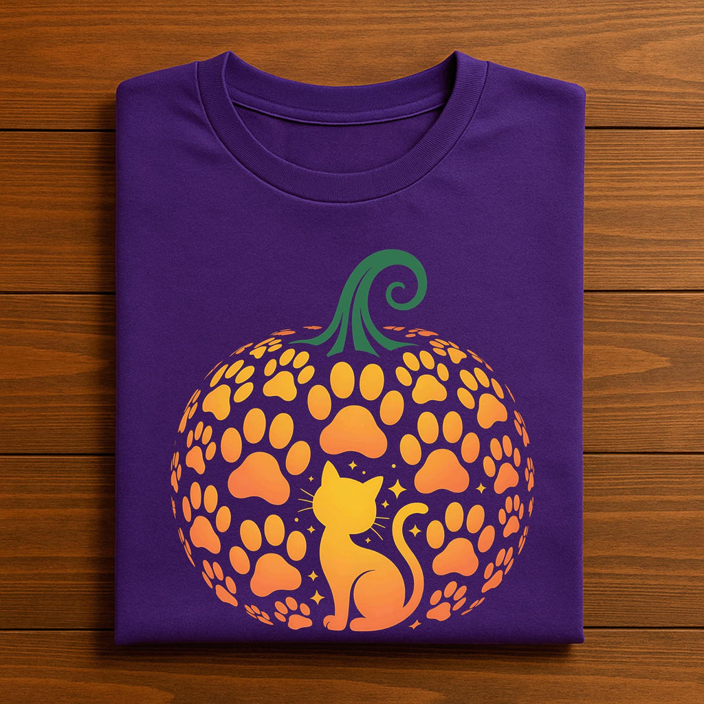 Halloween Pumpkin Cat Shirt with Glowing Paw Tee | Fall Animal Lover shirts Gift for Pet Moms and Cute Autumn, Cute Cat Halloween Shirt