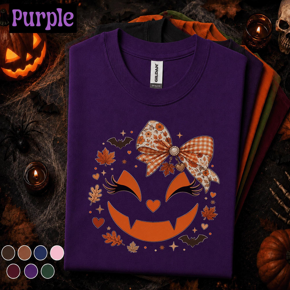 Girly Pumpkin Halloween Shirt, Cute Jack O Lantern Bow Tee, Coquette Spooky Season Shirt, Floral Plaid Fall Tee, Halloween Gift for Women