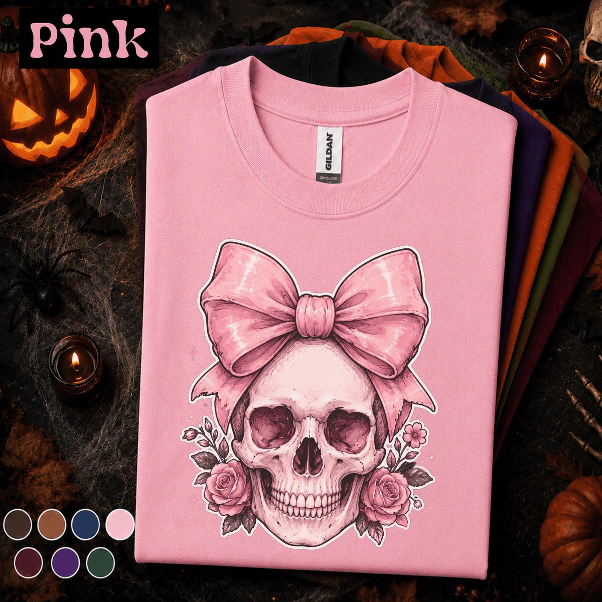 Pink Bow Skull Halloween Shirt, Coquette Skeleton Tee, Floral Skull T Shirt, Girly Spooky Season Top, Gothic Halloween Gift for Women