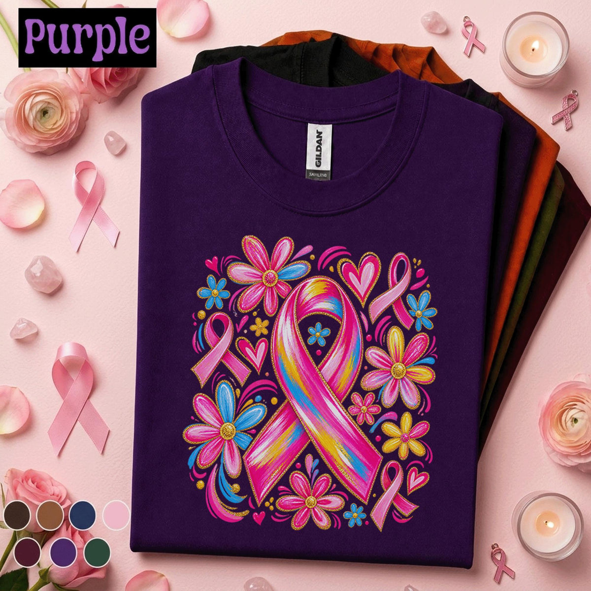 Breast Cancer Awareness Shirt, Colorful Pink Ribbon Floral Tee, October Cancer Support Shirt, Hope Strength Survivor Gift for Women