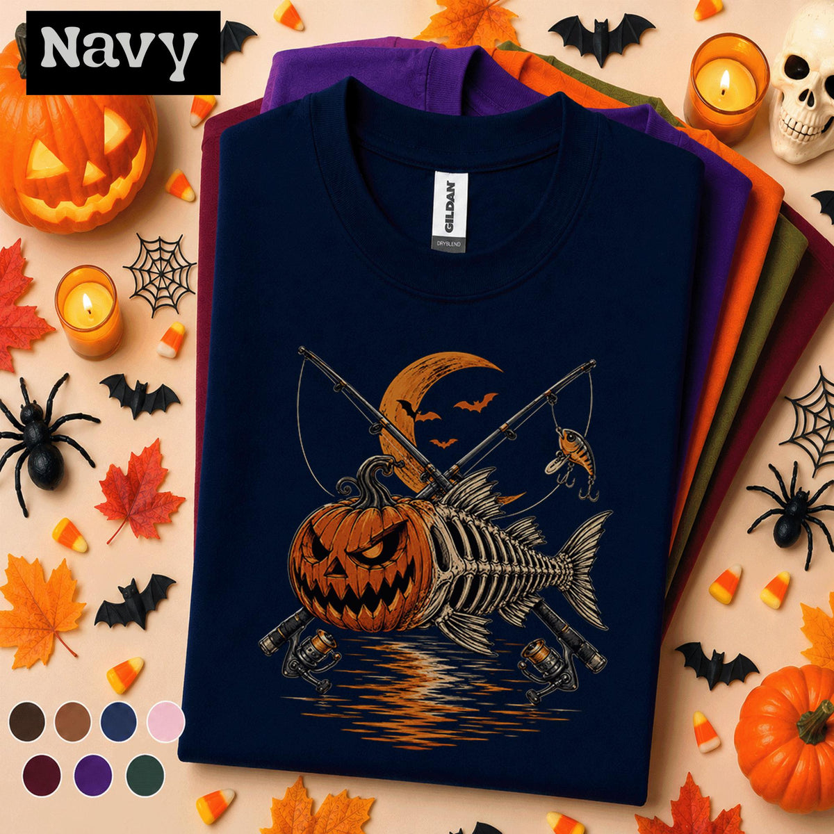 Halloween Fishing Shirt, Pumpkin Fish Skeleton Tee, Spooky Fisherman Shirt, Jack O Lantern Fishing Gift, Angler Halloween Tee