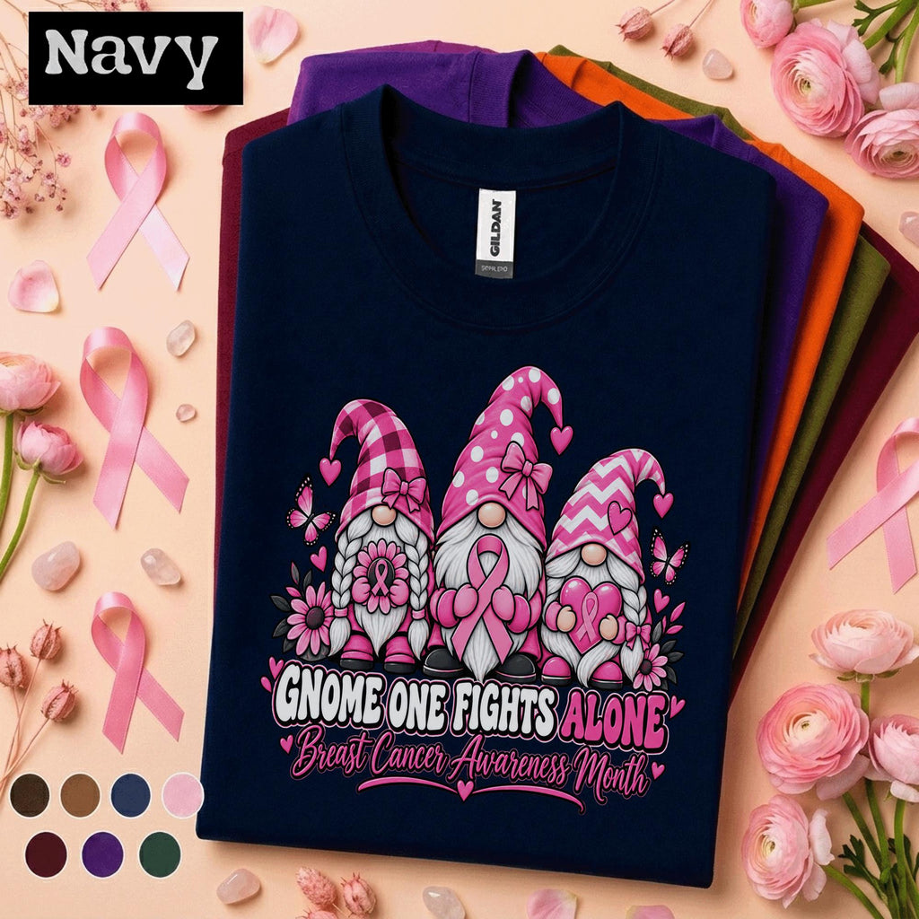 Breast Cancer Awareness Shirt, Gnome One Fights Alone Tee, Pink Ribbon Gnome Shirt, October Support Gift, Cancer Warrior Women Tee
