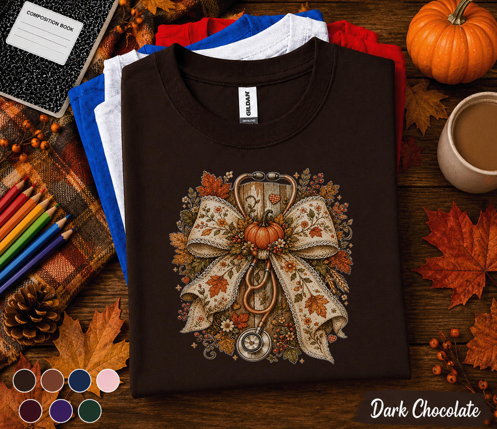 Fall Nurse Bow Shirt, Autumn Nurse Shirt, Floral Stethoscope Pumpkin Tee, Cozy RN Fall Shirt, Nurse Gift, Medical Worker Autumn Sweatshirt