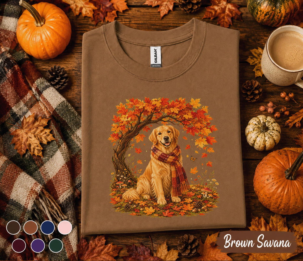 Golden Retriever Fall Shirt, Cozy Autumn Dog Tee, Golden Retriever Pumpkin Sweatshirt, Fall Leaves Scarf Puppy Shirt, Thanksgiving Pet Gift