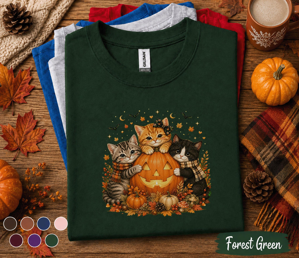 Cute Halloween Cat Fall Shirt, Pumpkin Kitten Fall Tee, Black Orange Gray Cats , Autumn Cat Lover Gift, Spooky Season T-Shirt