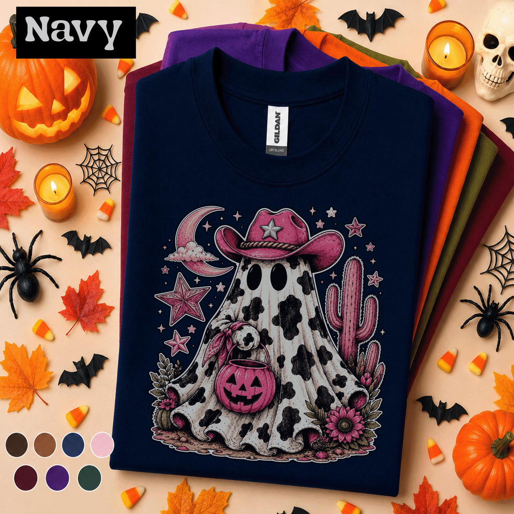 Pink Cowgirl Ghost Halloween Shirt, Western Spooky Season Tee, Cow Print Ghost T Shirt, Cowboy Halloween Gift for Her