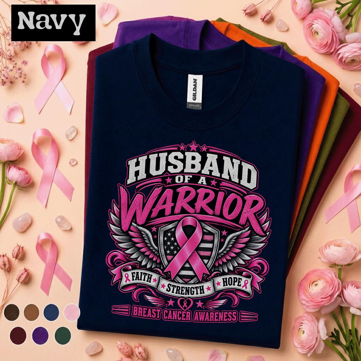 Husband of a Warrior Breast Cancer Awareness Shirt, Pink Ribbon Support Tee, Faith Strength Hope Shirt, Breast Cancer Fighter Husband Gift