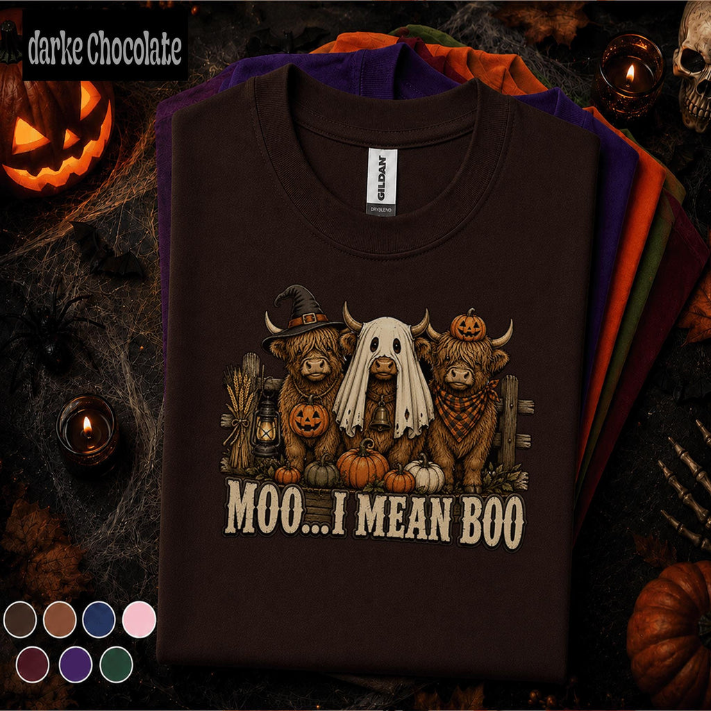 Moo I Mean Boo Halloween Shirt, Highland Cow Ghost Tee, Funny Farm Halloween Gift, Pumpkin Cow Shirt, Cute Spooky Fall Tee