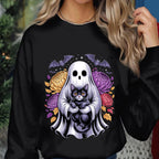 Ghost Black Cat Shirt, Halloween Spooky Floral Bat Tee, Haunted Cute Spirit, Cat Halloween Shirt Girl, Halloween Cat Sweatshirt For Women