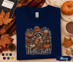 Hello Fall Raccoon Shirt, Cute Autumn Raccoon Pumpkin Spice Coffee Tee, Cozy Woodland Animal Fall Shirt, Thanksgiving Harvest Sweatshirt