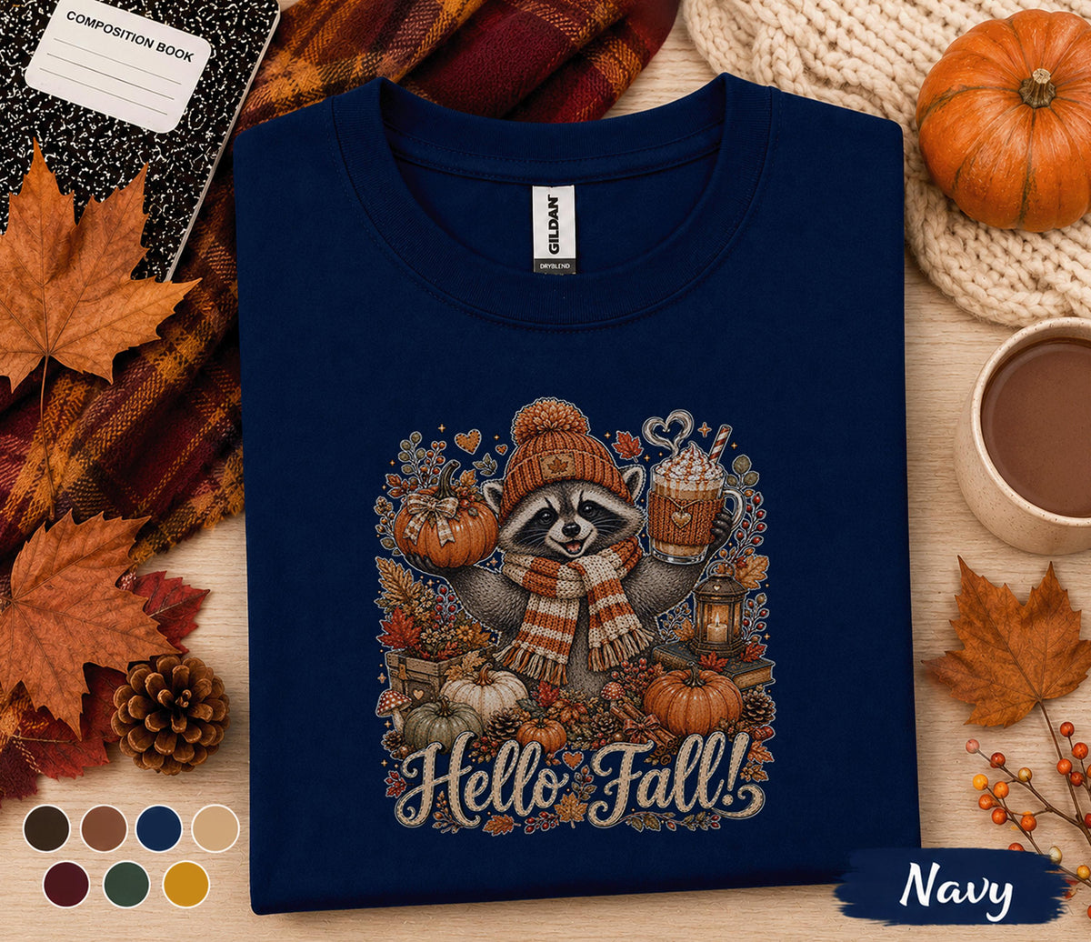 Hello Fall Raccoon Shirt, Cute Autumn Raccoon Pumpkin Spice Coffee Tee, Cozy Woodland Animal Fall Shirt, Thanksgiving Harvest Sweatshirt