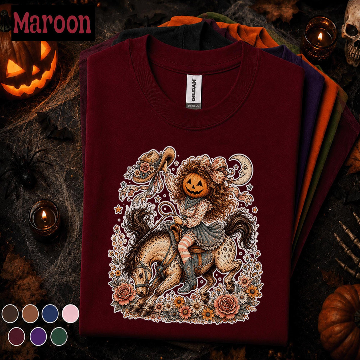 Pumpkin Cowgirl Halloween Shirt, Western Horse Rider Tee, Vintage Cowgirl Pumpkin T Shirt, Spooky Rodeo Fall Floral Halloween Gift