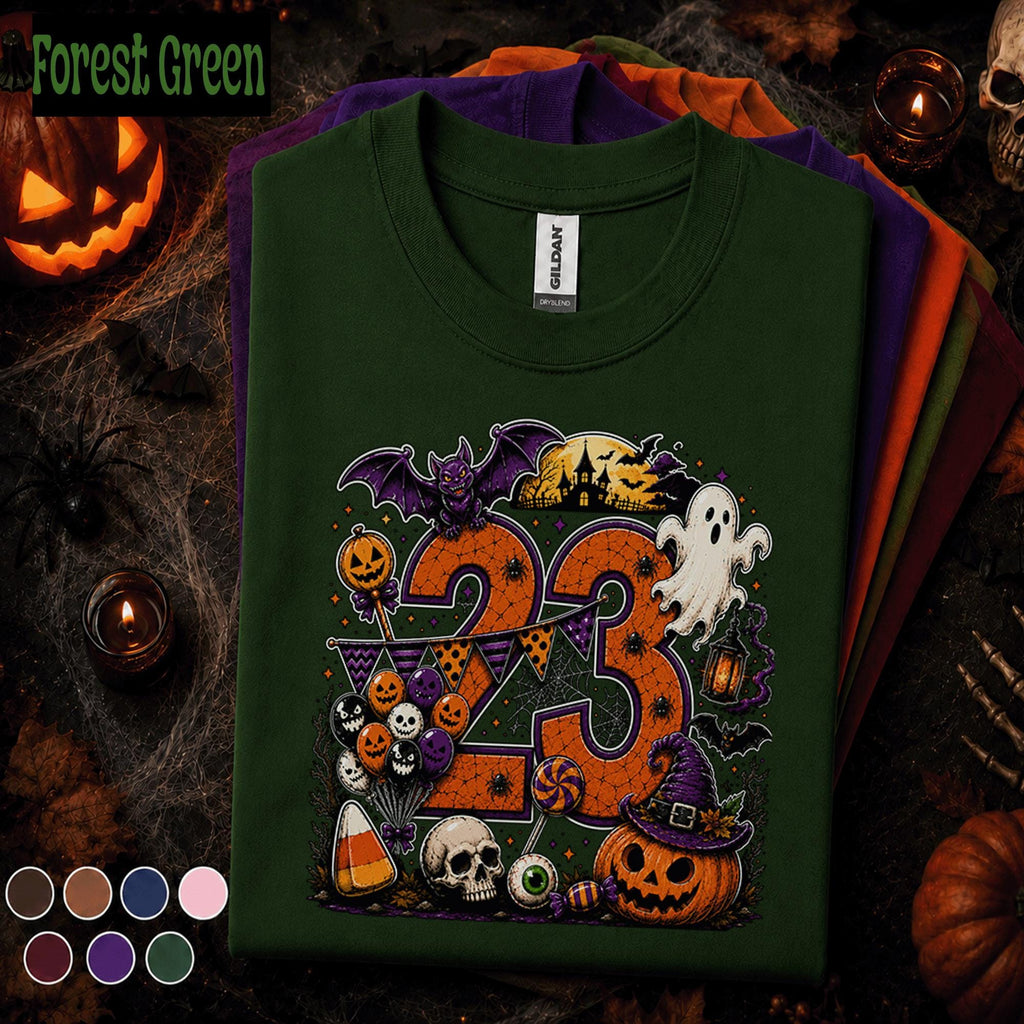 23rd Birthday Halloween Shirt, Spooky Number 23 Tee, October Birthday Party Shirt, Ghost Pumpkin Witch Halloween Gift for Women Men