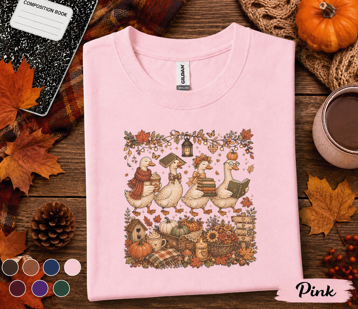 Cute Autumn Goose Shirt, Cozy Fall Reading Goose Tee, Cottagecore Duck Pumpkin T-Shirt, Book Lover Thanksgiving Gift, Harvest Season Outfit