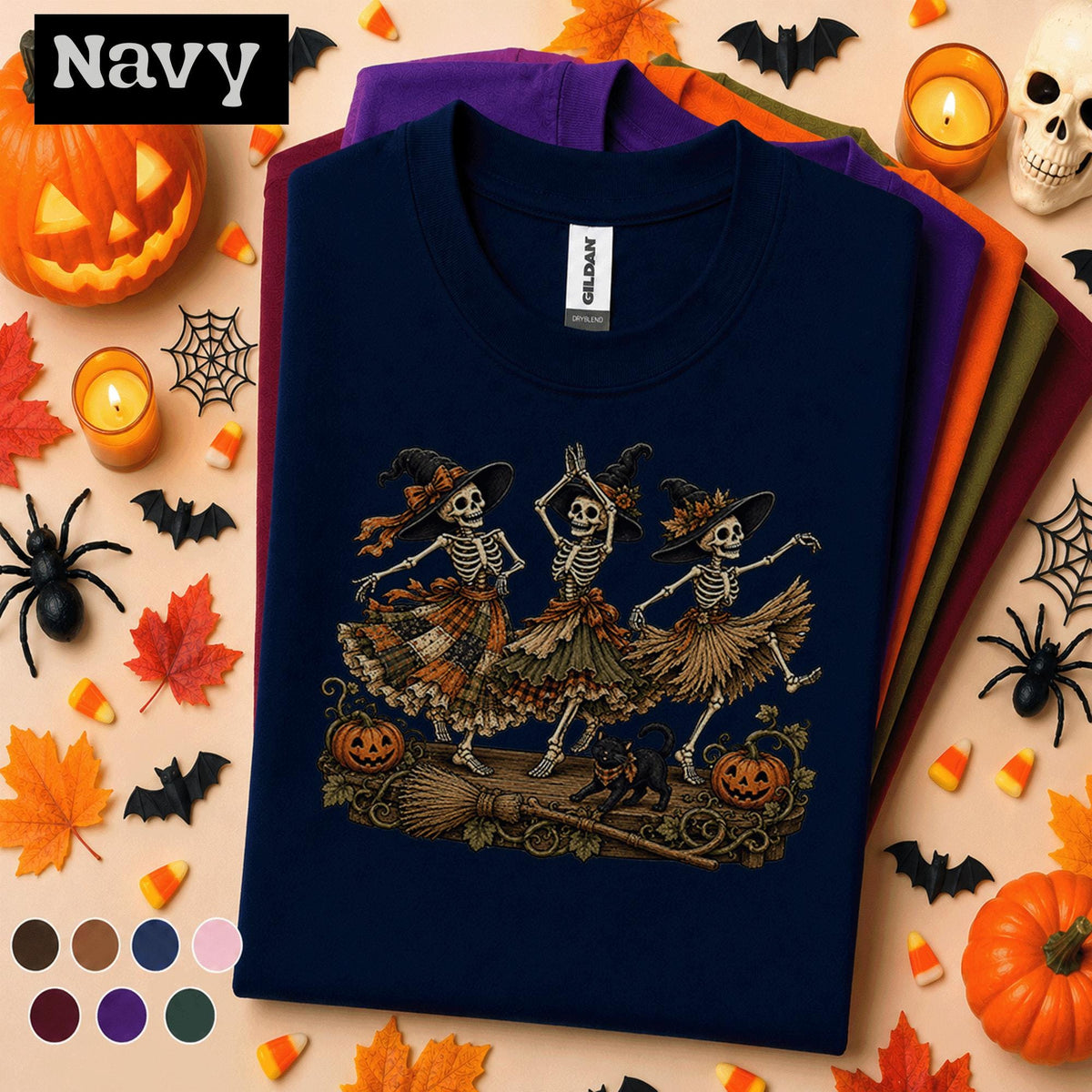 Dancing Skeleton Witch Halloween Shirt, Spooky Season T Shirt, Vintage Witchy Skeleton Tee, Pumpkin Black Cat, Gothic Fall Gift