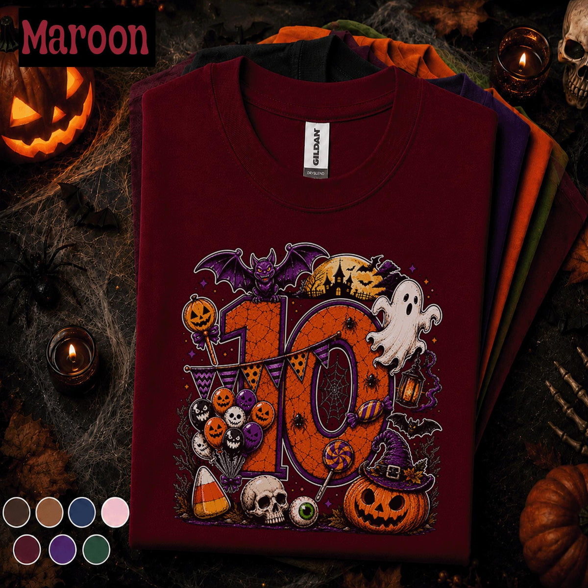 10th Birthday Halloween Shirt, Spooky Number 10 Birthday Tee, October Birthday Party Shirt, Ghost Pumpkin Witch Kids Halloween Gift Tee