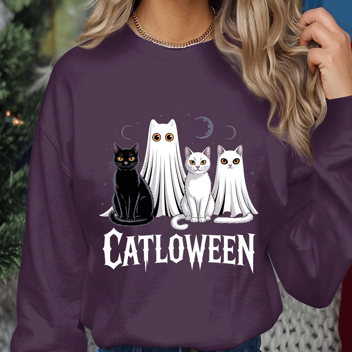 Catloween Shirt with Black Cat and Ghost Cats Sweatshirt, Cute Spooky Cat Lover Halloween Tee, Haunted Cat Costume Top, Cat Halloween Shirt