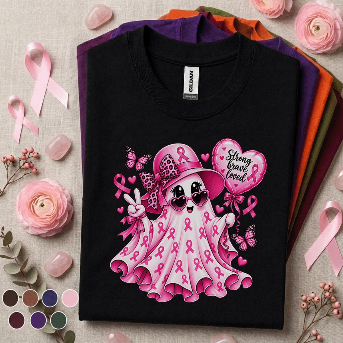 Breast Cancer Awareness Shirt, Pink Ribbon Ghost Tee, Strong Brave Loved Shirt, Cute Pink Out October Halloween Support Gift for Women